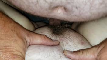 Fucking my wife's fat hairy pussy.